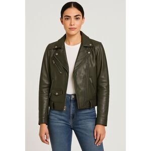 COACH Womens Jacket Small Dark Green Heavy Leather Moto Lined Biker ICON $1245
